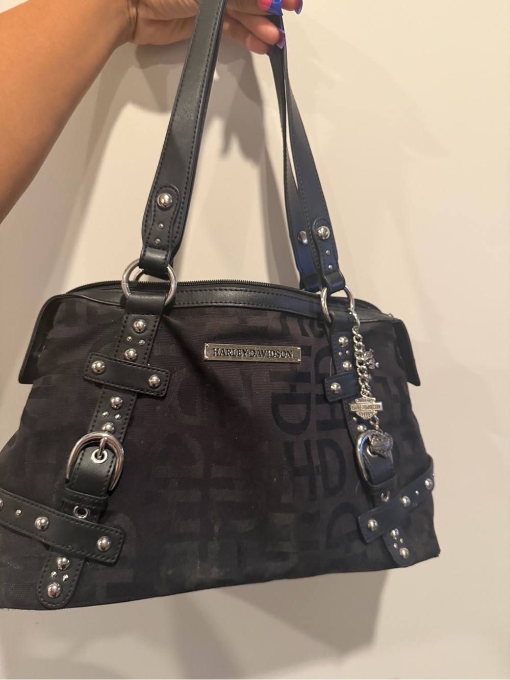 Y2K Grunge Core Harley-Davidson Black Jacquard Studded Shoulder Bag with Charm